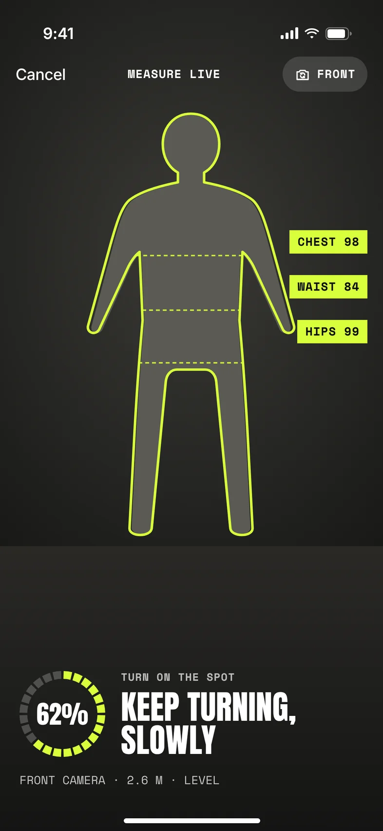 Measure live: the selfie camera with an outline drawn over a person turning, chest, waist and hips labels, and a turn ring at 62 percent.
