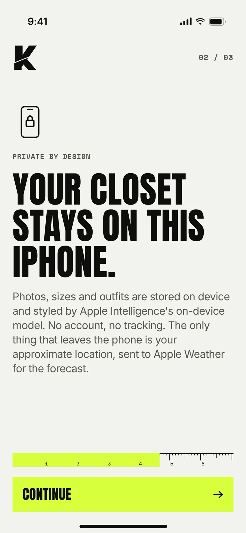 Onboarding screen: Your closet stays on this iPhone.