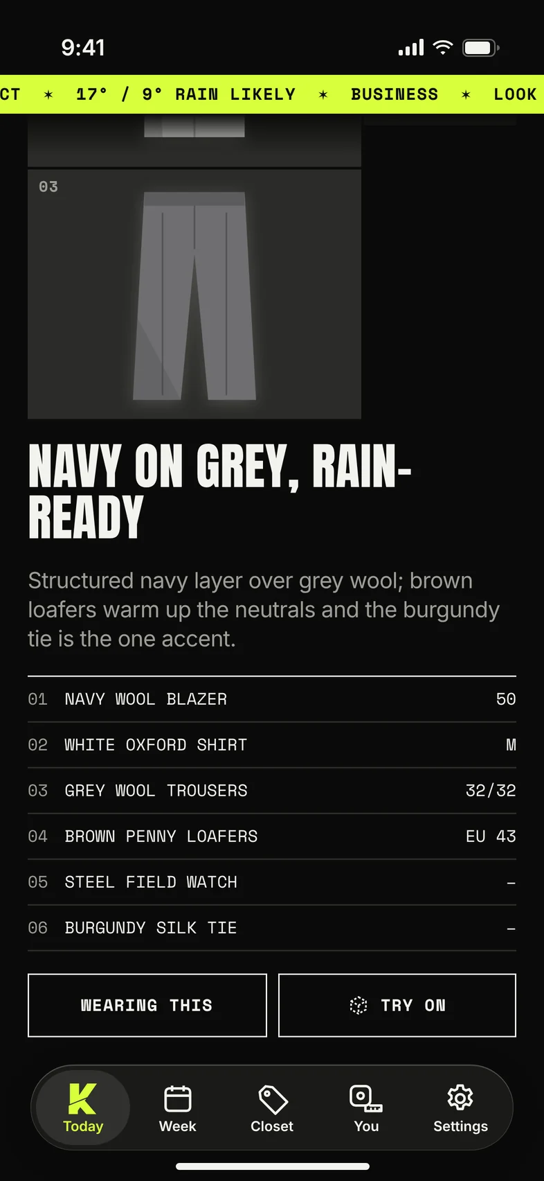 Today in dark mode: the look's title, a one-line explanation and a numbered list of its pieces.